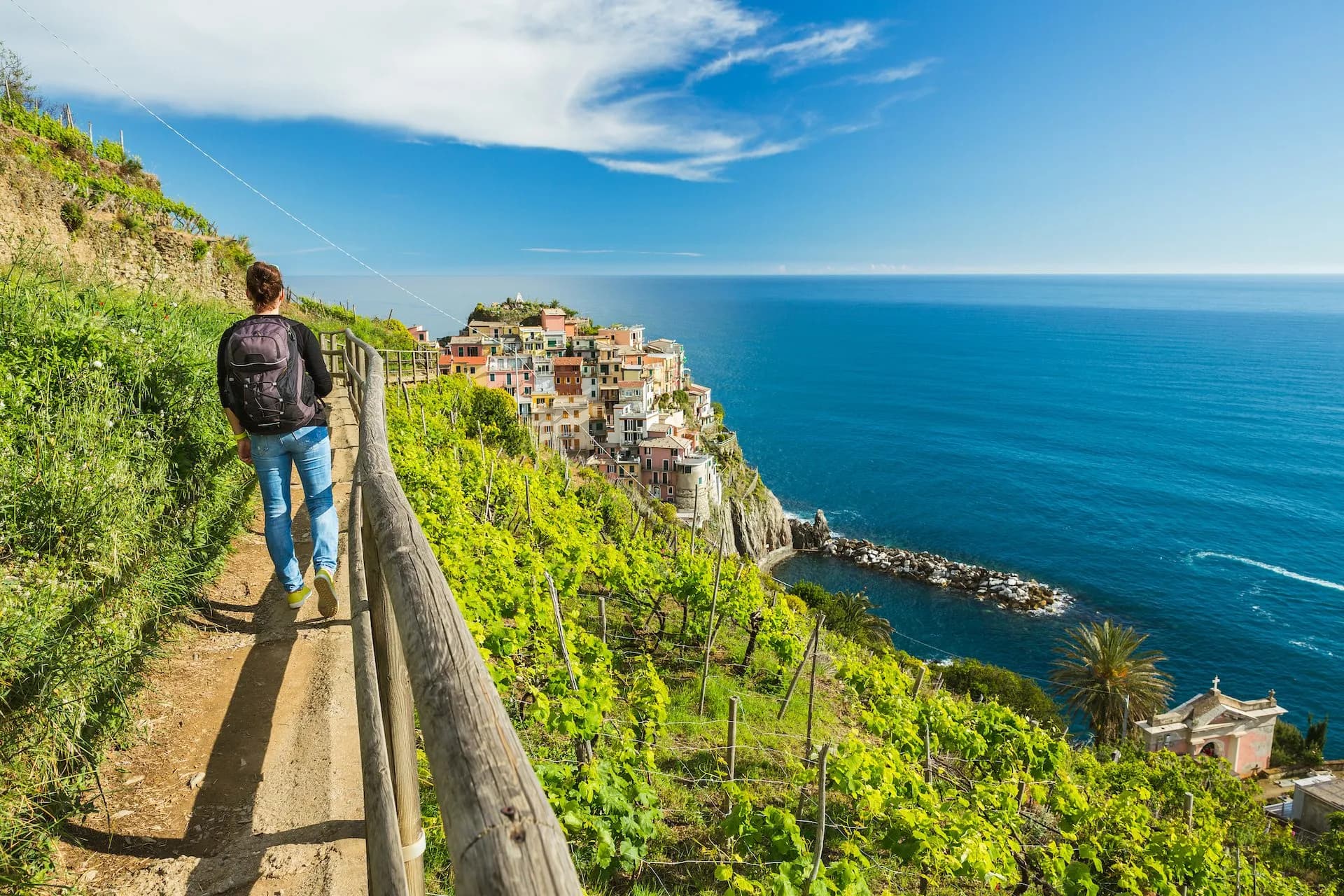 Hiker on trail overlooking colorful cliffside village and bright blue Mediterranean Sea near Manarola.