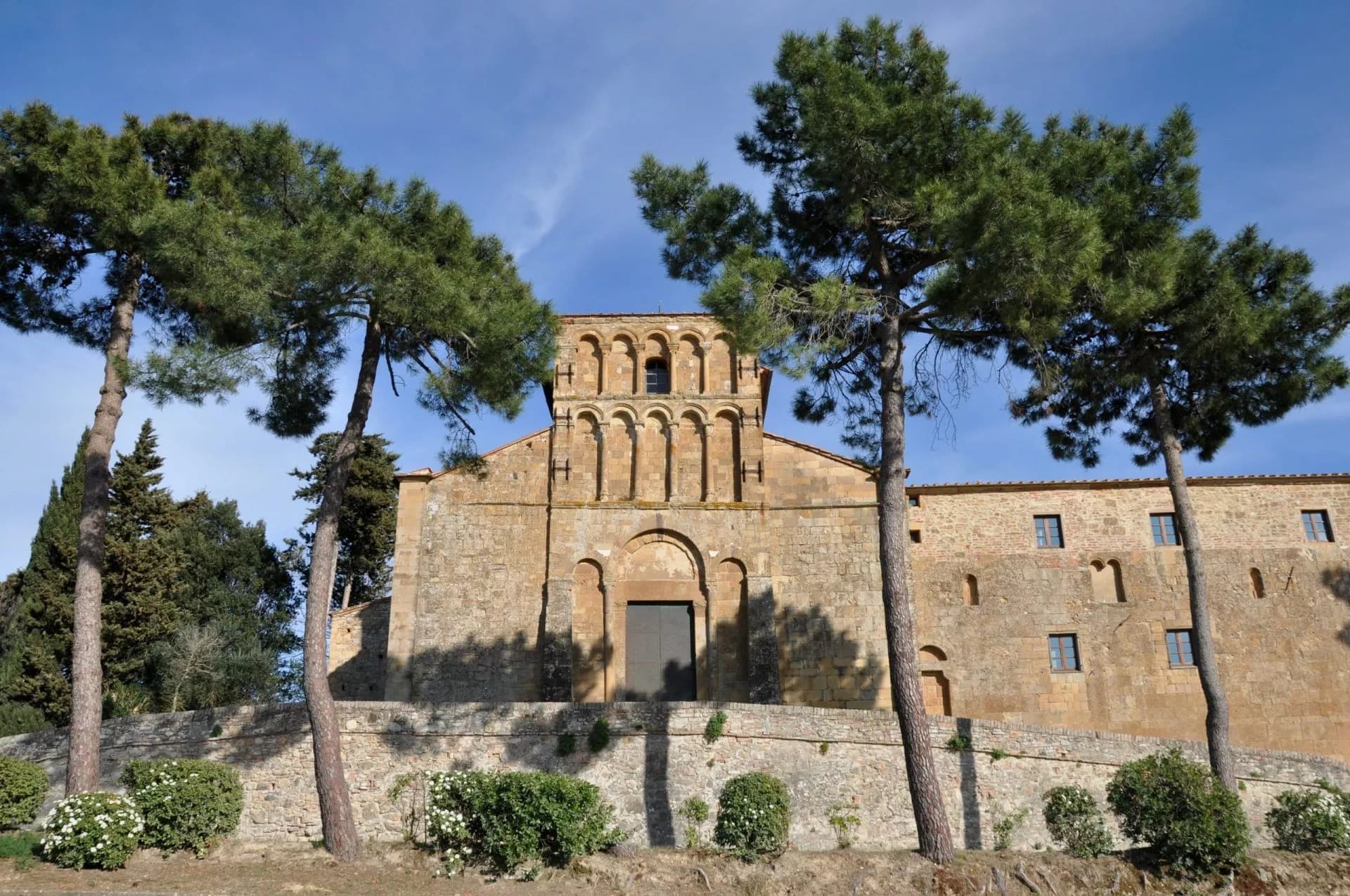 Romanesque stone church facade framed by tall pine trees under a blue sky in Gambassi Terme.