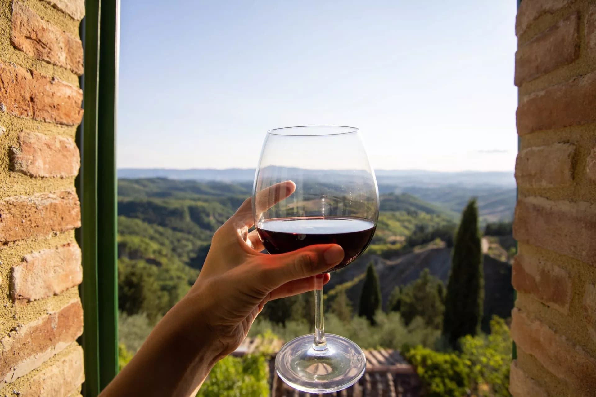 Hand holding glass of red wine overlooking rolling green hills in Montalcino.