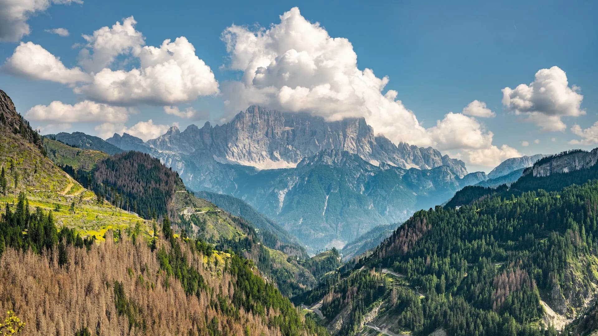 Rugged mountain peaks under white clouds above green and brown forested slopes, Monte Civetta face.