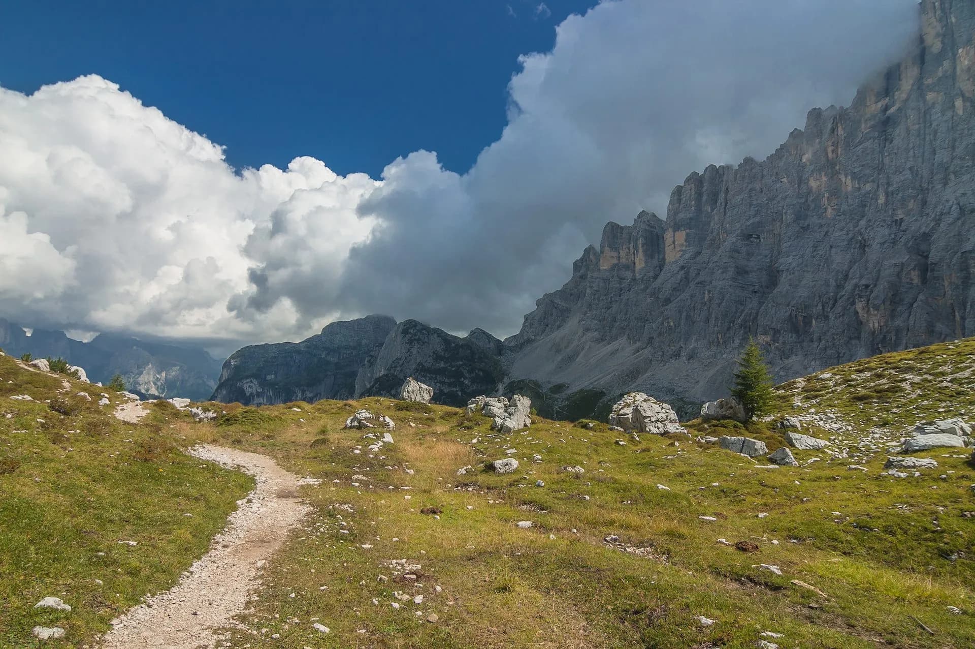 Hiking trail winding through grassy alpine meadow toward towering gray mountain range under dramatic clouds.