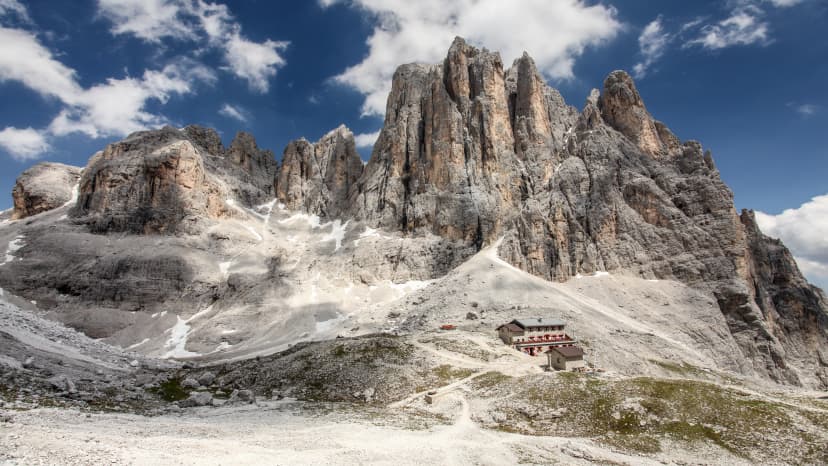 High rocky peaks of Pale di San Martino in Italian Dolomites