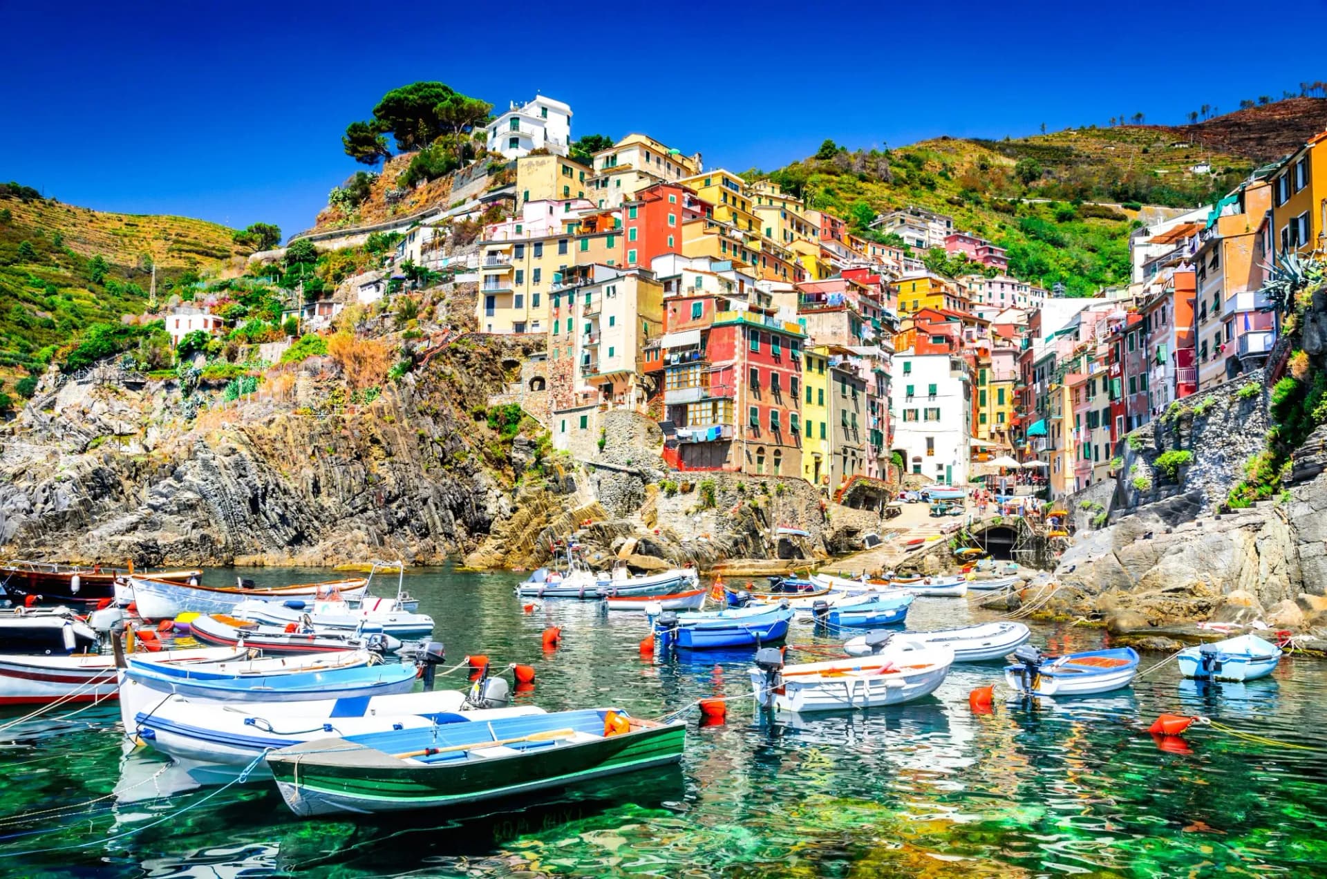 Colorful stacked houses above a harbor filled with small boats in Riomaggiore, Italy.