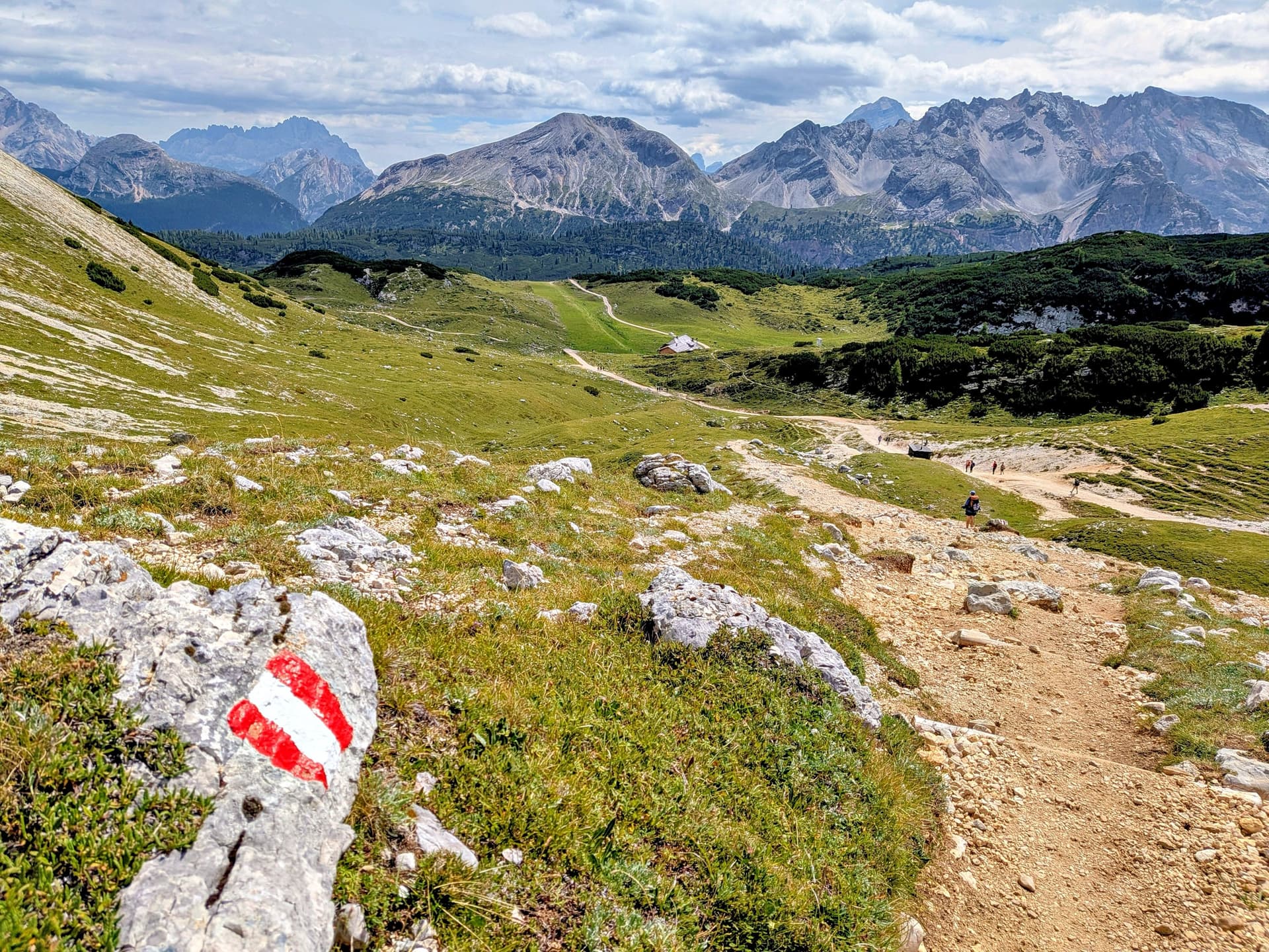 Red and white trail marker on rock with alpine mountain pasture path in background