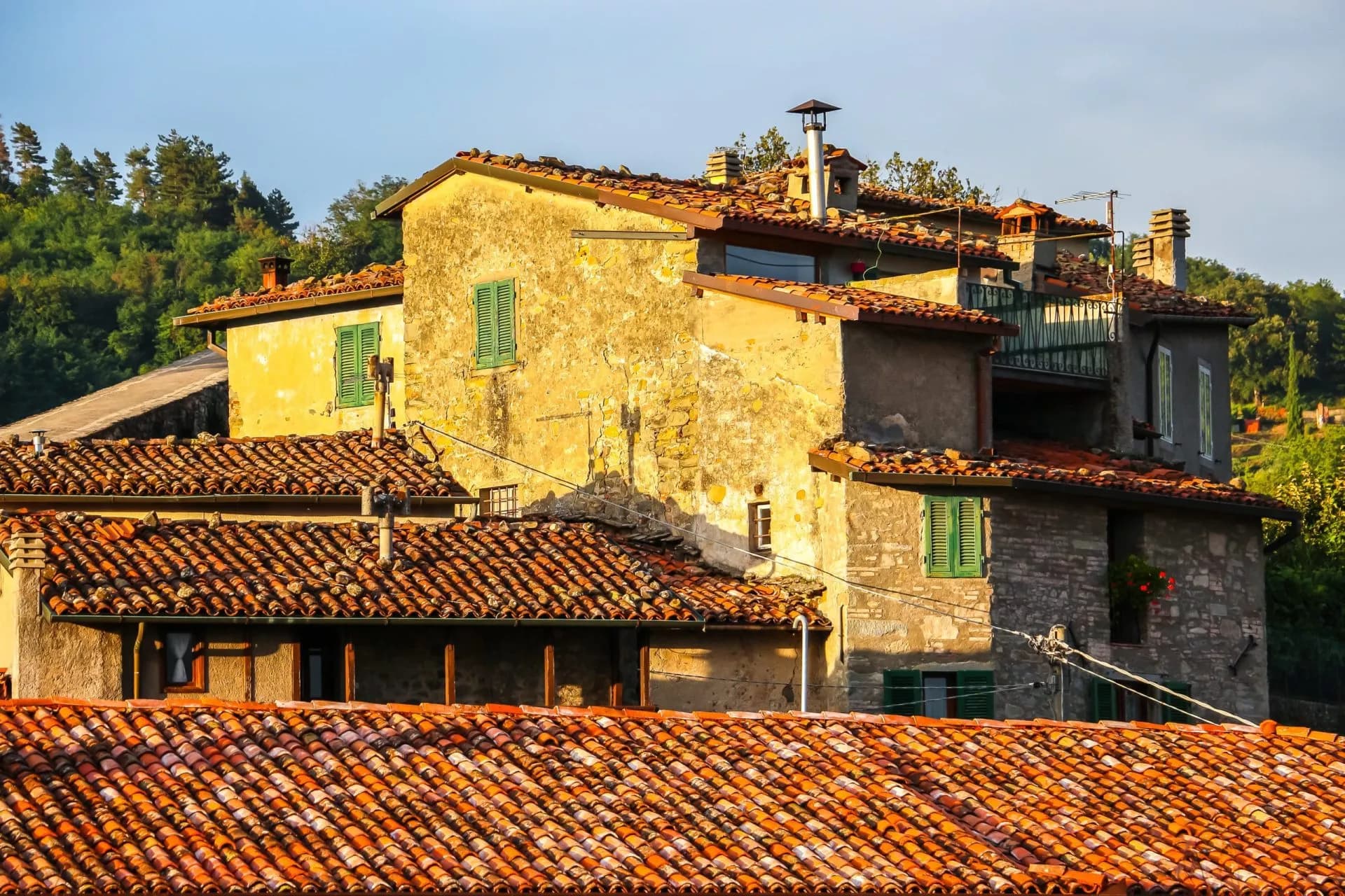 Tiled roofs of rustic houses in Castiglione di Garfagnana against a backdrop of green hills.