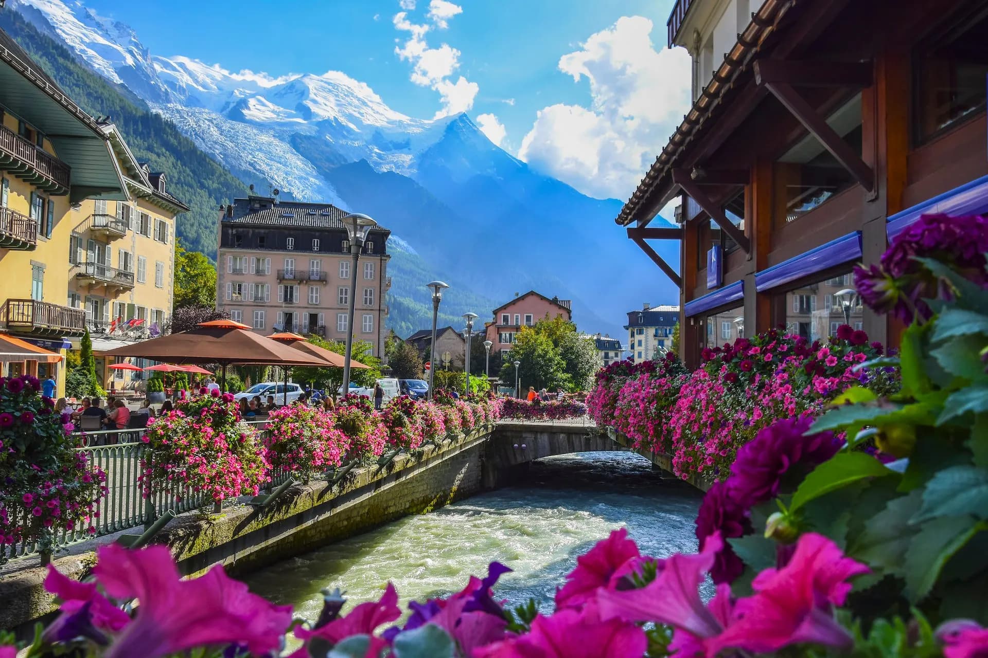 view of the arve river and mont blanc massif from the centre of chamonix
