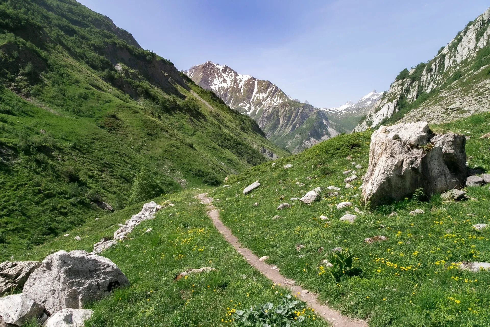 Narrow dirt path through green alpine meadow toward snow-capped mountains from Croix du Bonhomme.
