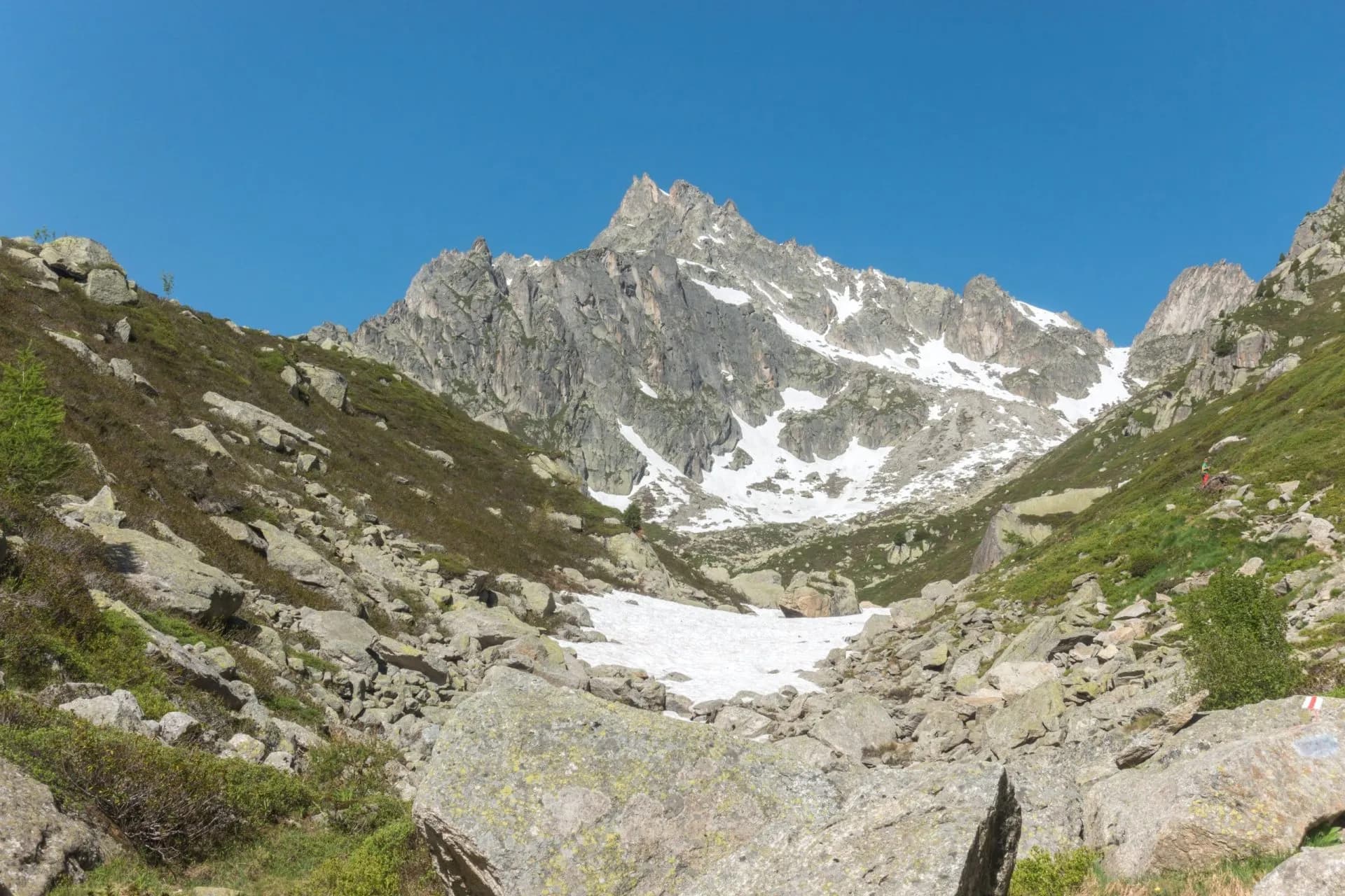 Rocky alpine valley with snow patches leading to a jagged, snow-dusted mountain peak under a clear blue sky.