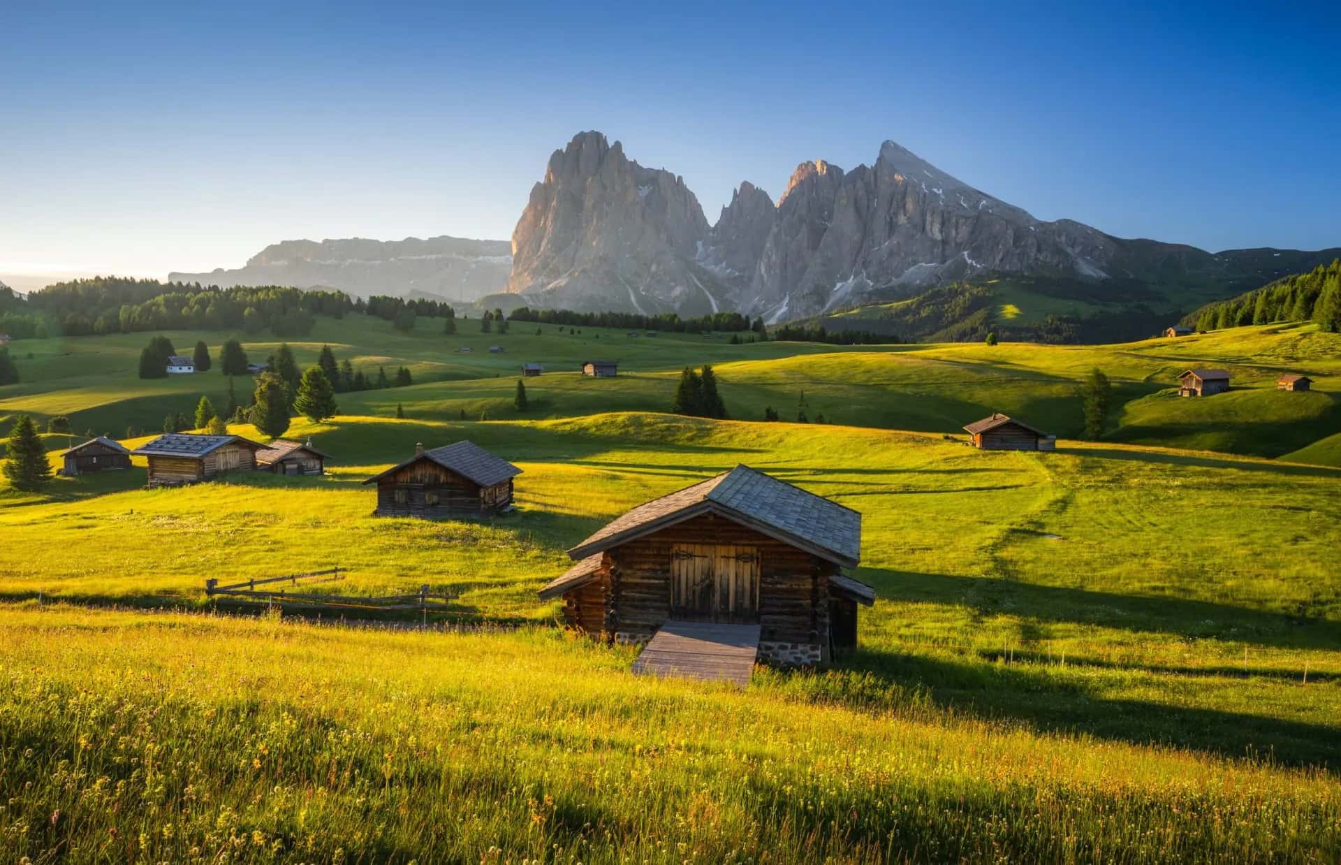 Wooden huts in sunny green meadows below jagged alpine peaks at Seiser Alm.