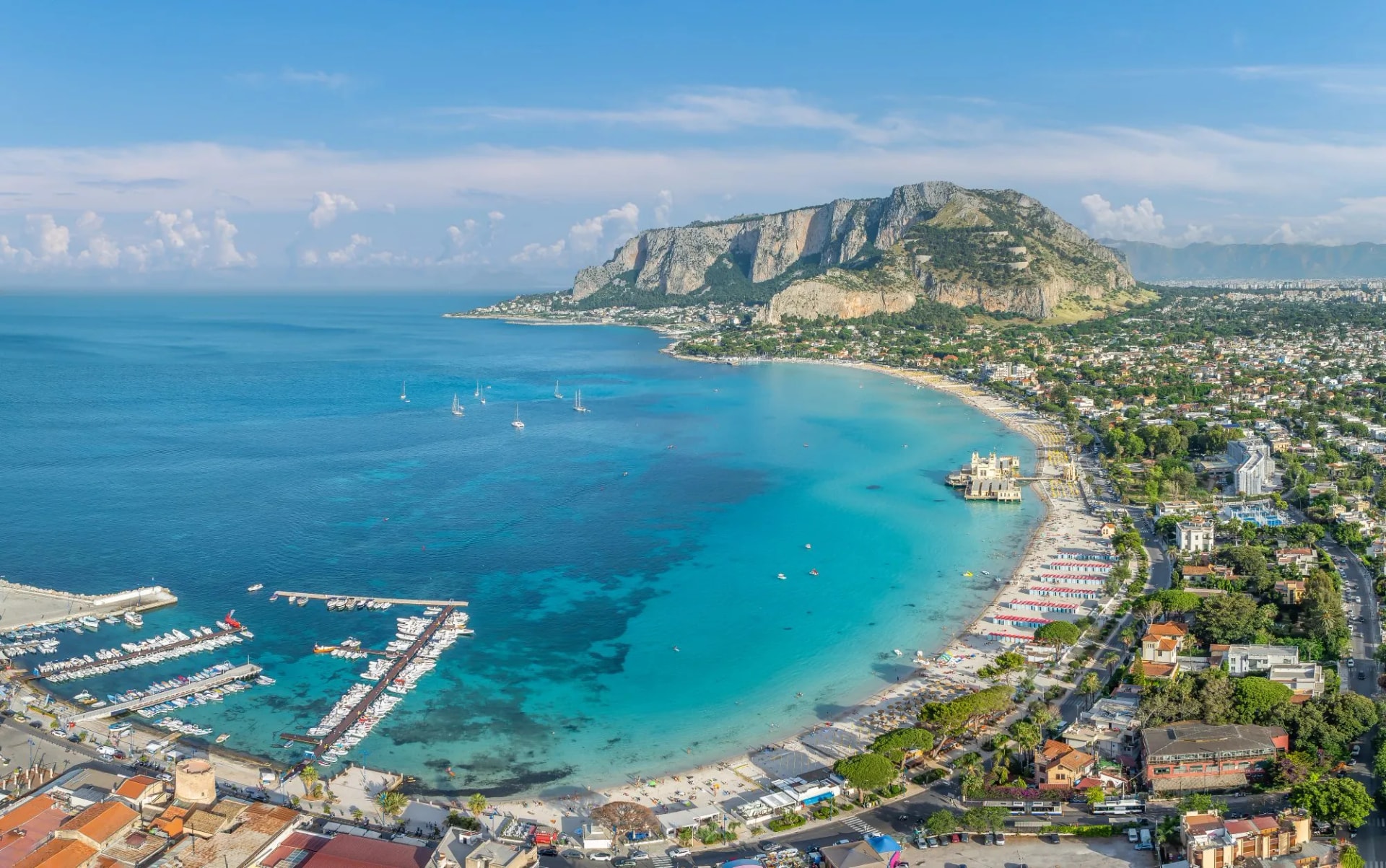 Stunning beauty of Mondello Beach in Palermo, Sicily, with its turquoise waters, sandy shores, and picturesque landscapes.