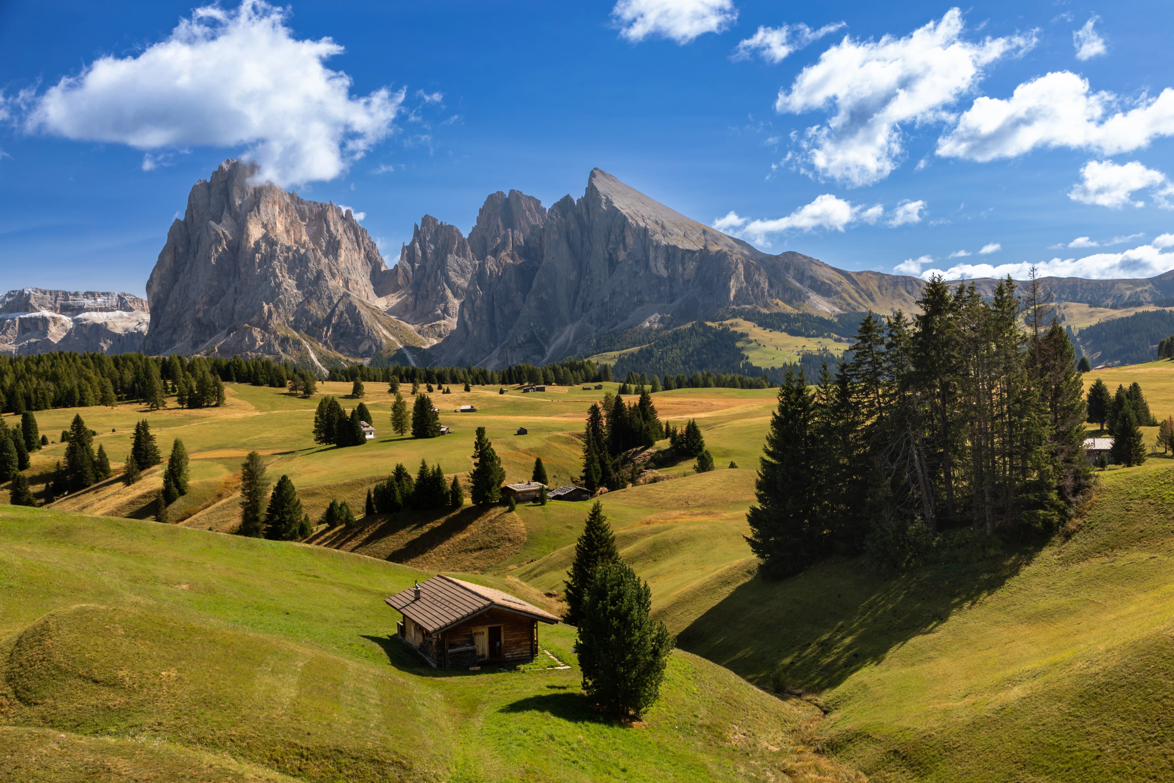 Hütte auf der Seiser Alm, Alpe di Siusi, vor Langkofel und Plattkofel, Südtirol