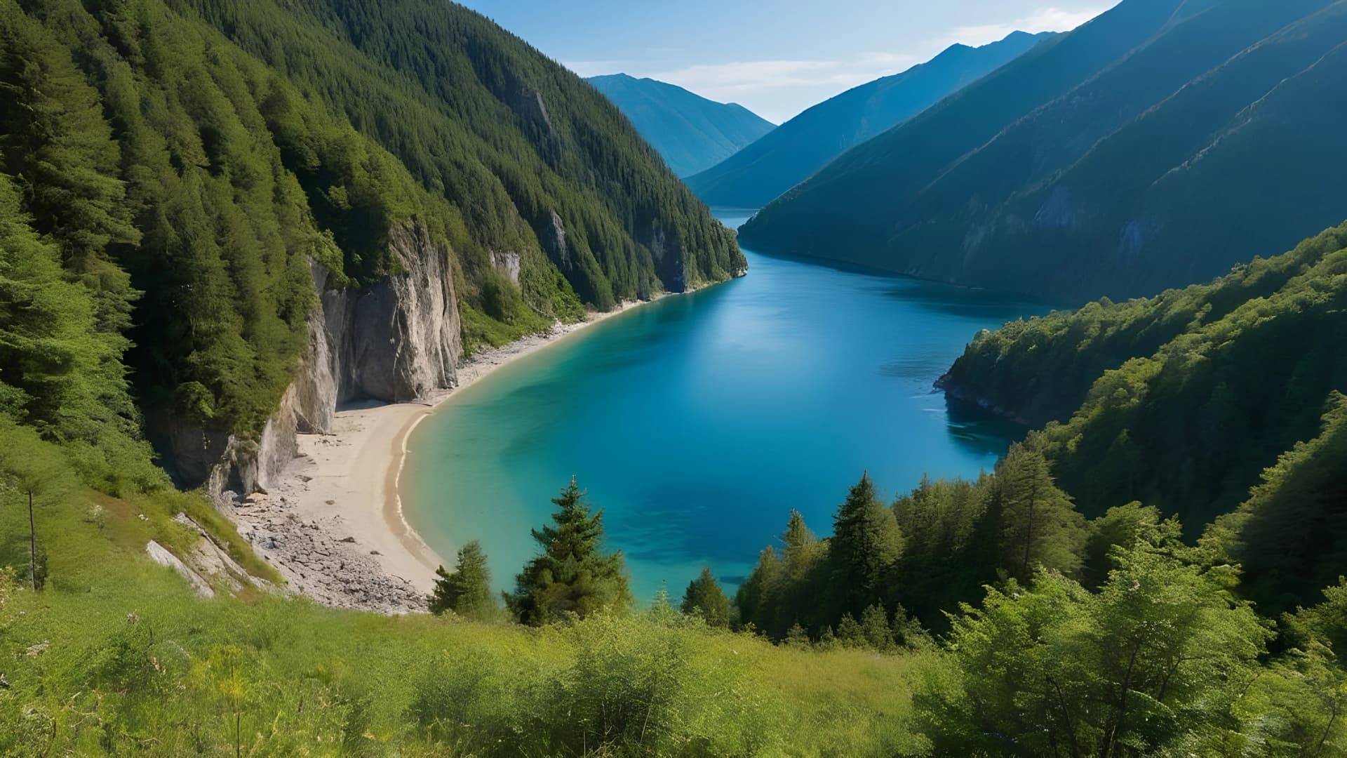 Aerial panorama revealing turquoise mountain lake nestled among alpine forests in Val di Zoldo, Dolomites, northern Italy