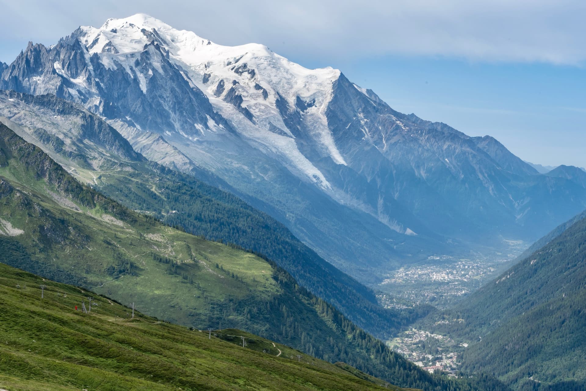 Mont Blanc snow-covered peak above the Chamonix valley with green alpine slopes