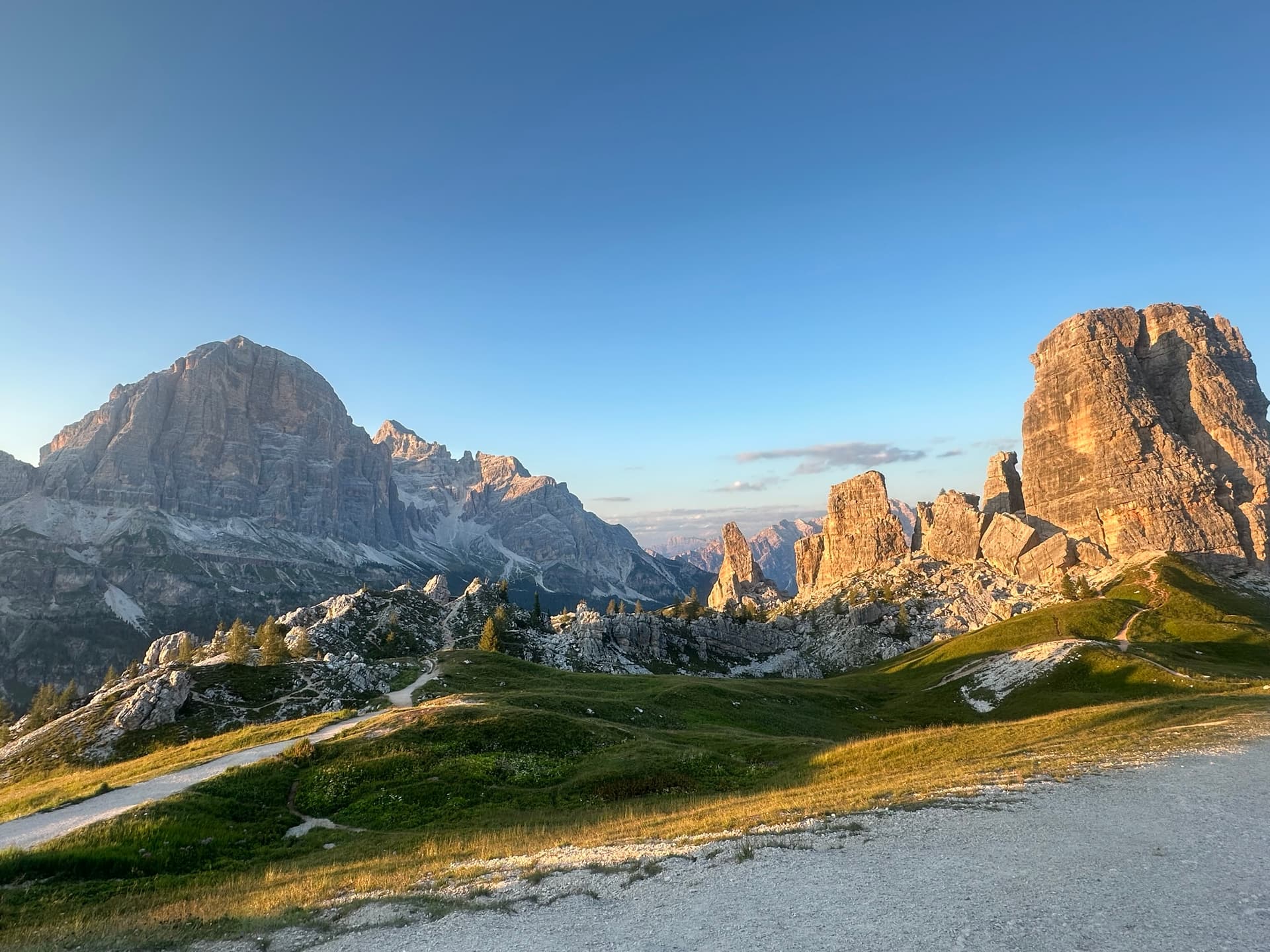 Cinque Torri rock formations in the Dolomites under evening light