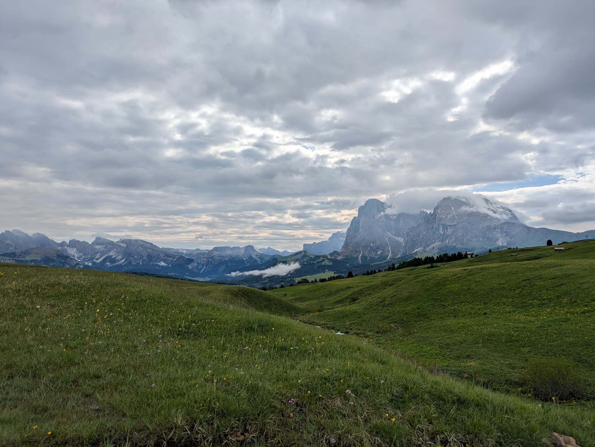 Alpine meadows rolling under a cloudy sky with mountain peaks